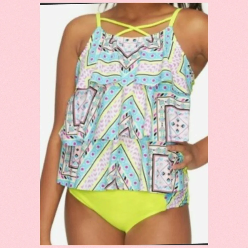 Justice Girls Neon Yellow & Pastel Geo Tankini Swim Set.48